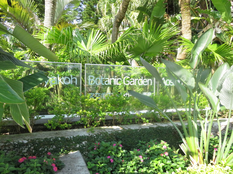 Sign for Aoshima Botanic Garden surrounded by tropical plants and flowers.