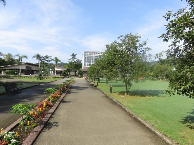 Pathway leading through a park with greenery and flowers, featuring buildings in the background under a clear blue sky.