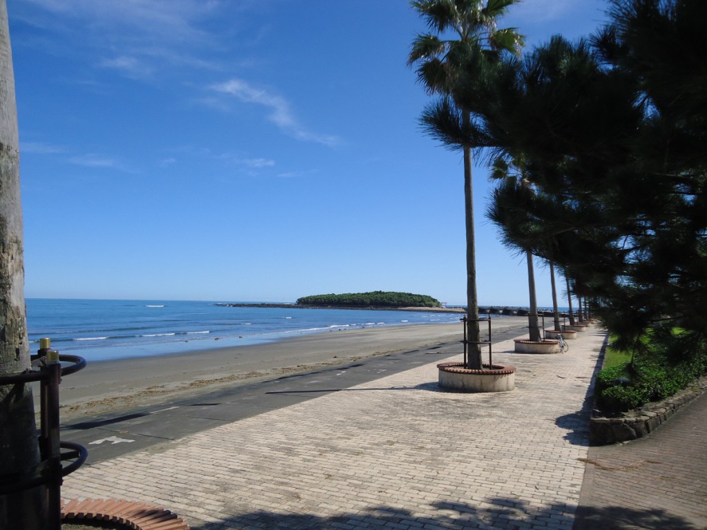 Scenic view of Aoshima Island from the beach, featuring palm trees and a clear blue sky.