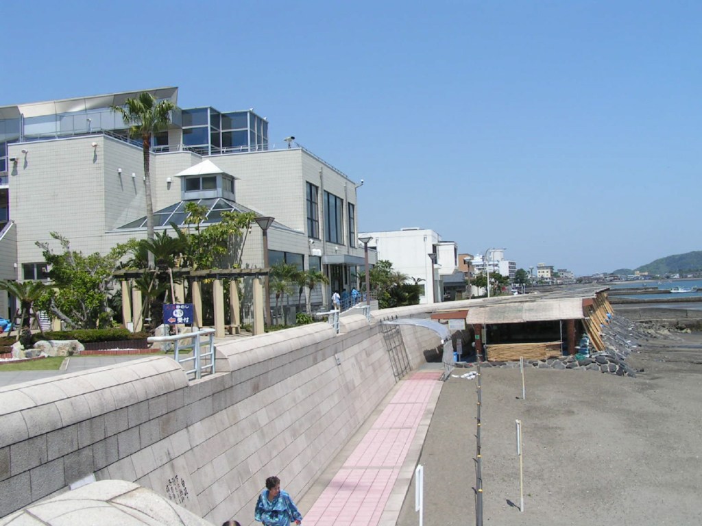 View of the sandy coast near Ibusuki, showcasing modern buildings and a walking path along the waterfront.