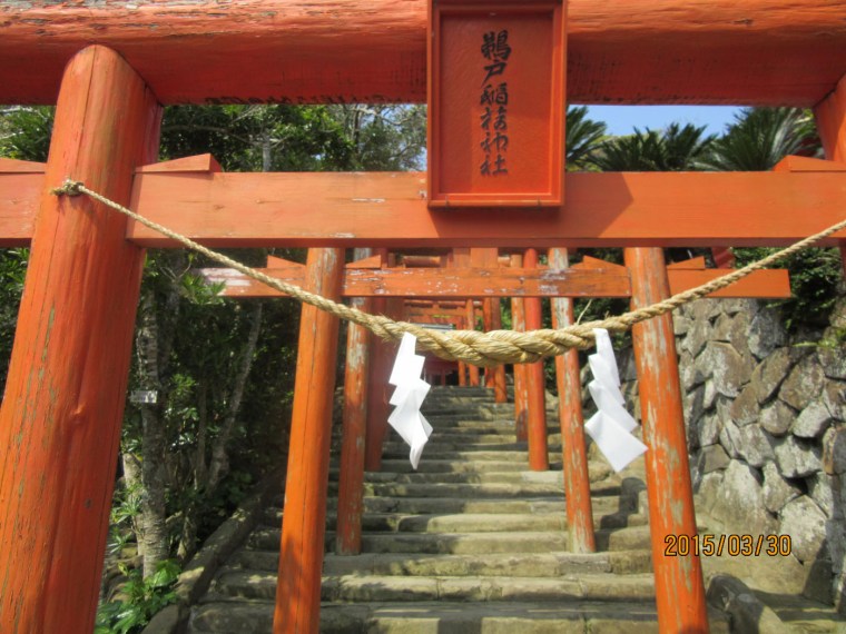 A pathway lined with traditional red torii gates leading up to Udo Jingu Shinto shrine.