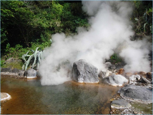 Steam rising from rocks into the air near a hot spring surrounded by lush greenery.