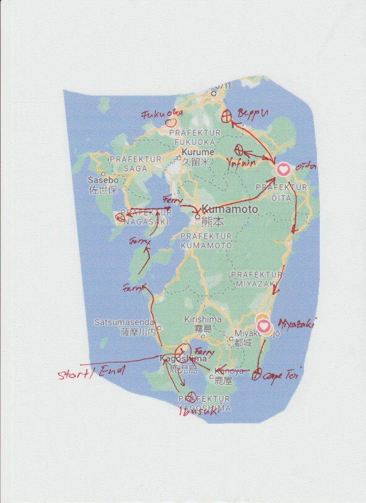 Map of Kyushu, Japan, showing a round trip route with marked locations including Fukuoka, Kumamoto, Beppu, and Kagoshima, along with ferry routes and annotations.